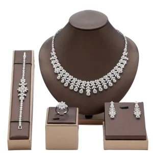 RENSINO Fashion Silver Plated Tassel Necklace and Earrings Ring Bracelet Zircon Wedding Jewelry Set