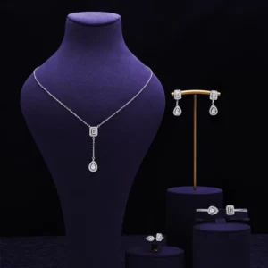 RENSINO Fashion Silver Plated Tassel Pendant Necklace and Earrings Ring Bracelet Zircon Jewelry Set