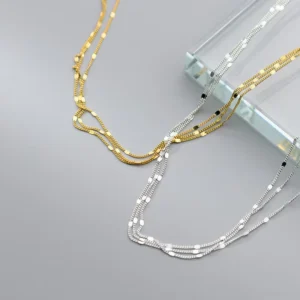 RENSINO Fashion Simle Link Three-Layer Disc Chains Necklaces for Lady 100% Real 925 Sterling Silver Jewelry