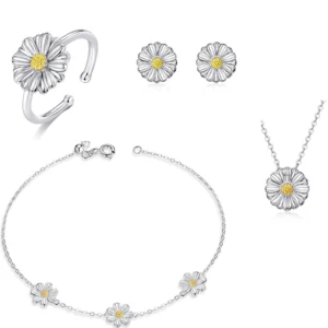 RENSINO Fashion Simple Daisy Jewelry Set Sterling Silver Daisy Flower Bracelet Necklace Earrings Ring
