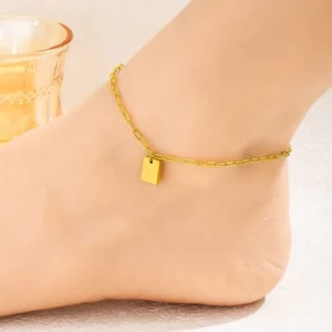 RENSINO Fashion Simple Stainless Steel Anklet PVD 18K Golden Good Luck Letter Square Pendant Anklets