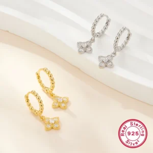 RENSINO Fashion Simple Versatile S925 Sterling Silver Zircon Earrings Gifts for Women Beads Clover Huggie Earrings