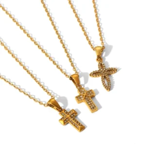 RENSINO Fashion Stainless Steel Diamond Cross Pendant Necklace Tarnish Free 18k Gold Plated Jewelry Necklace For Women
