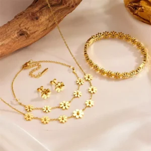 RENSINO Fashion Stainless Steel Flower Jewelry Set Women Daisy Sunflower Earrings Necklace Bracelet Anklet Set