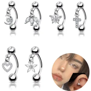 RENSINO Fashion Stainless Steel Jewelry Body Piercing Curved Rod and Diamond Pendant Eyebrow Ring