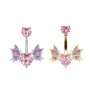 RENSINO Fashion Stainless Steel Pink Crystal Heart Belly Button Ring with Butterfly Accent Silver Gold Tone Navel Piercing Jewelry