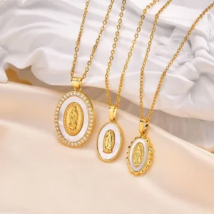 RENSINO Fashion Stainless Steel Religious Necklace 18K Gold Plated Virgin Mary Necklace Cross Diamond Necklace for Women