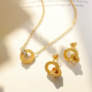 RENSINO Fashion Stainless Steel Roman Numerals Engraved Gold Plated Light Luxury Jewelry Set Women Zircon Double Circle Pendant Necklace