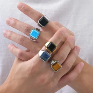 RENSINO Fashion Stainless Steel Square Natural Stone Signet Rings for Men Pinky Thumb Ring Jewellery Mens Black Onyx Rings