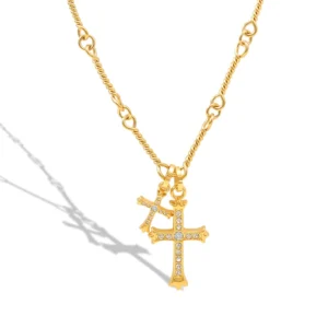 RENSINO Fashion Stainless Steel Tar Free Jewelry 18k Gold Plated Christian Religious Double Cross Pendant Diamond Inlaid Long Necklace