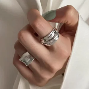 RENSINO Fashion Stylish Thick Silver Rings Hiphop Adjustable Rings Trendy Twining Designed Chunky Rings