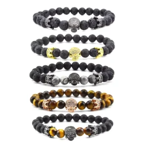 RENSINO Fashion Tiger Eye Lava Stone Beads Bracelet for Men Women Jewelry Accessories Healing Crystal Skull Natural Stone Bracelets