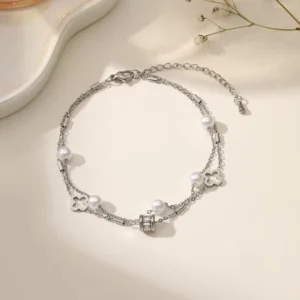 RENSINO Fashion Titanium Steel Anklet Heart Moon Double Layer Tassel Design Long Lasting Anti Fade Elegant Foot Jewelry for Women