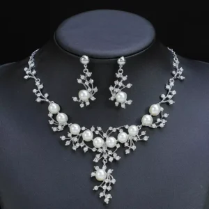 RENSINO Fashion Trendy Crystal Gold Plated Wedding Party Pearl Jewelry Necklaces Zircon Jewelry Set With Pearls for Women