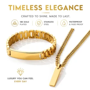 RENSINO Fashion Trendy Stainless Steel Watch Chain Necklace Set Laser Engraved Customized Logo Cuban Link Chain Silver Gold Plated