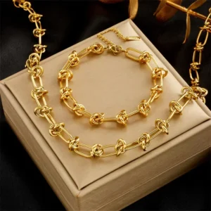 RENSINO Fashion Twist Knot Cuban Chain Link 18k Gold Plated Titanium Stainless Steel Bracelet Necklace Trend Hip Hop Punk Jewelry Set