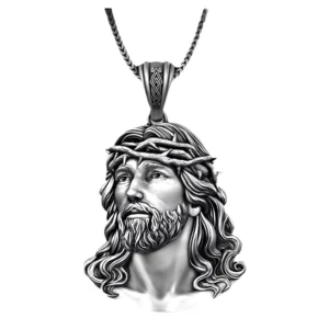 RENSINO Fashion Vintage Holiday Gift Hip Hop Style Religious Necklaces Retro Silver Snake Bone Chain Jesus Pendant Necklace for Men
