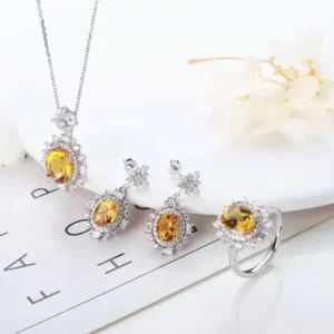 RENSINO Fashion Women Gemstone Jewelry 925 Silver 18k White Gold Plated Natural Citrine Earring Pendant Necklace Adjustable Ring Set