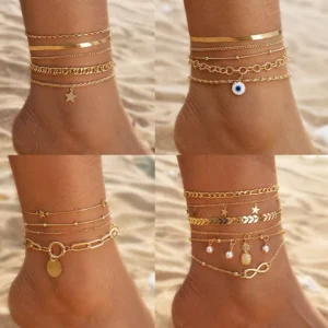 RENSINO Fashion Women Jewelry Blue Eyes Pendant Snake Chain Pearl Star Gold Plated Multilayer Anklet Set