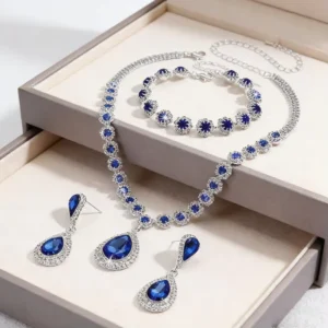 RENSINO Fashion Women Ladies Jewelry Set Crystal Water Droplets Necklace Earring Bracelet Set