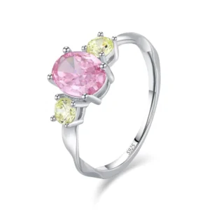 RENSINO Fashion Women’s 925 Sterling Silver Oval Pink Zirconia Ring with Side Stone Engagement Wedding Diamond Party Ring Jewelry