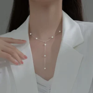 RENSINO Fashion Y Shape Pearl Crystal Ball Lariat Women Necklaces 925 Sterling Silver Jewelry