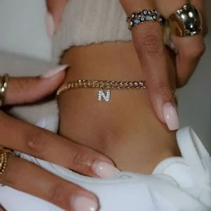 RENSINO Fashion Zinc Alloy Women Ankle Bracelets Initial Letter Charms Cuban Anklets
