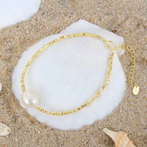 RENSINO Fashionable 925 Silver Bracelet Adjustable Bracelet Gold Irregular Geometric Natural Pearl Bracelet