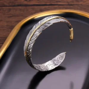 RENSINO Fashionable Classic Adjustable Bracelet Alloy Silver Plated Bracelet Holiday Gift Retro Men’s Feather Bracelet