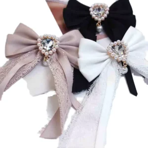 RENSINO Fashionable Large Satin Bow Brooches with Pearl Bow Tie Straps Silver Plated Alloy Jewelry for Women for Party or Gift