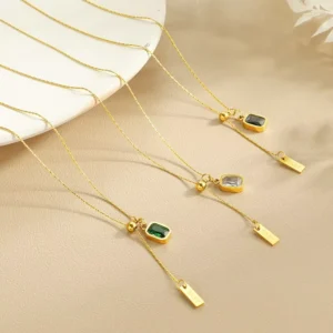 RENSINO Fashionable Light Luxury Retro Square Zircon Stainless Steel Gold Pendant Necklace Chain