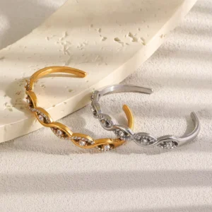 RENSINO Fashionable Luxurious Zircon Bracelet Adjustable Opening 18K Gold plated Stainless Steel Earrings Waterproof Jewelry Non fading