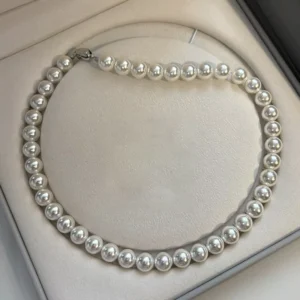 RENSINO Fashionable Luxury White Glass Pearl Collar Chain Necklace with Silver Plated Stainless Steel for Women Great Jewelry Gift
