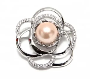 RENSINO Fashionable Sterling Silver Freshwater Pearl Lab Made Rose Diamond Women Brooch