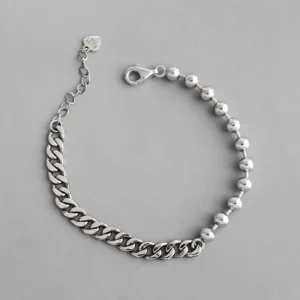 RENSINO Fashionable Trend Personal Silver Jewelry Vintage Old fashioned Round Beads Splicing Chain S925 Pure Silver Bracelet for Women