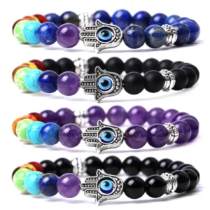 RENSINO Fatima Hand String 7-Colored Stone Bead Bracelet White Pine Blue Gold Tiger Eye & Amethyst Demon Eye Fashionable Charm Bracelets