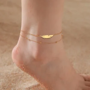 RENSINO Feather Anklet Stainless Steel Double Layer Beads Chain Trendy Summer Holiday Beach Anklet Foot Accessory for Women