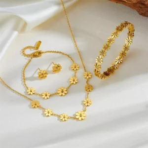 RENSINO Female Stainless Steel Flower Jewelry Set Gold Plated Chrysanthemum Daisy Earrings Necklace Anklet Bracelet for Gift