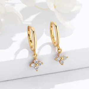 RENSINO Fine 925 Silver Jewelry Four Diamond Flower Earrings Women 18K Gold Plated 925 Sterling Silver Zircon Hoop Earrings Jewelry