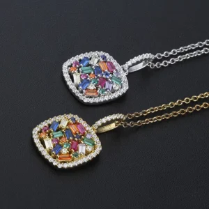 RENSINO Fine 925 Sterling Silver Necklace for Women Rainbow Pendant Blue Zircon Baguette Diamond 18k Gold Plated Chain