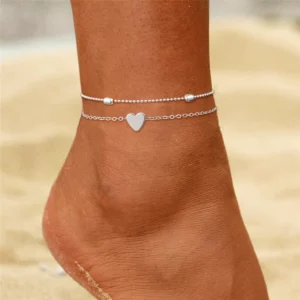 RENSINO Fine Brass Jewelry Silver Plated Double-layer Heart Pendant Anklet Foot Chains for Women 21.5cm + 4cm