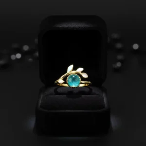 RENSINO Fine Fashion 925 Sterling Silver 18K Gold Plated Trendy Leaf Design Green Cat Eye Gemstone Ring for Fine Gift