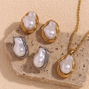 RENSINO Fine Fashion Jewelry Set 18K Gold Plated Stainless Steel Baroque Pearl Pendant Necklace and Earrings Jewelry Sets for Women