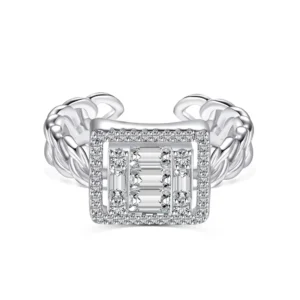 RENSINO Fine Fashionable Jewelry Solid Sterling Silver Rhodium Plated Wide Baguette 5A Cubic Zirconia Open Rings