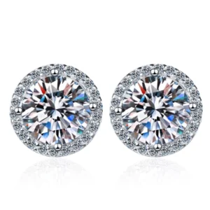 RENSINO Fine Jewelry 1Ct Round Cut Diamond White Gold Plated Women Geometry S925 Sterling Silver VVs1 Moissanite Stud Earrings