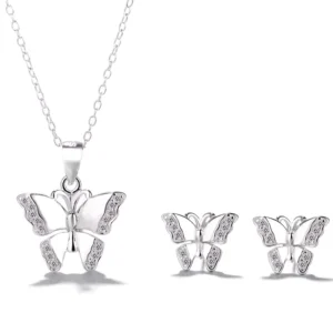 RENSINO Fine Jewelry 925 Pure Silver Necklace and Earrings Set Butterfly Jewelry Set for Women