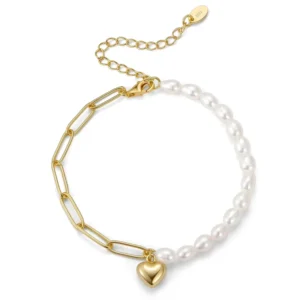 RENSINO Fine Jewelry 925 Silver 14K Gold Plated Bracelet Freshwater Pearl Half Paper Clip Chain Heart Pendant