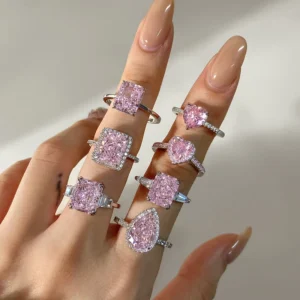 RENSINO Fine Jewelry 925 Sterling Silver 8A Iced Cut Pink Cubic Zircon Engagement Rings CZ Stone Wedding Promise Cluster Rings For Women