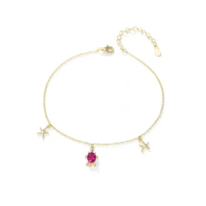 RENSINO Fine Jewelry 925 Sterling Silver Boho Simple Foot Jewelry Beach Adjustable Anklet Ruby Turtle Starfish Anklet for Women