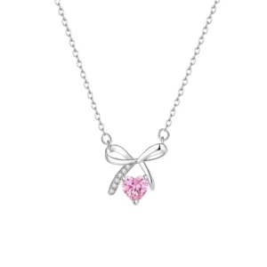 RENSINO Fine Jewelry 925 Sterling Silver Bowknot Big Zircon Pendant Valentine’s Day Necklace Gift for Woman
